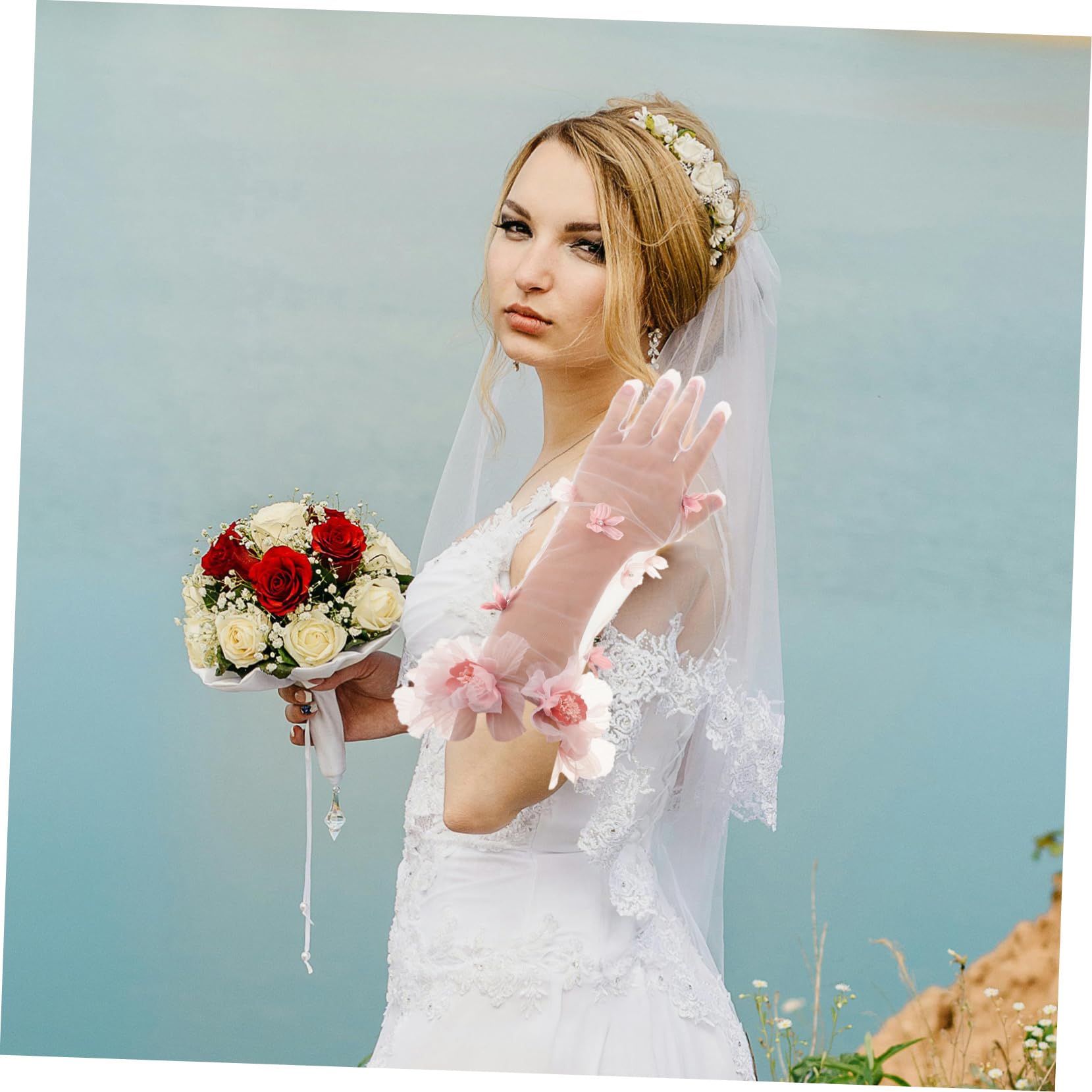 Guantes de Boda Largos de Tul Transparente para Novia Fiestas de Té y Actuaciones Escenario Color Rosa