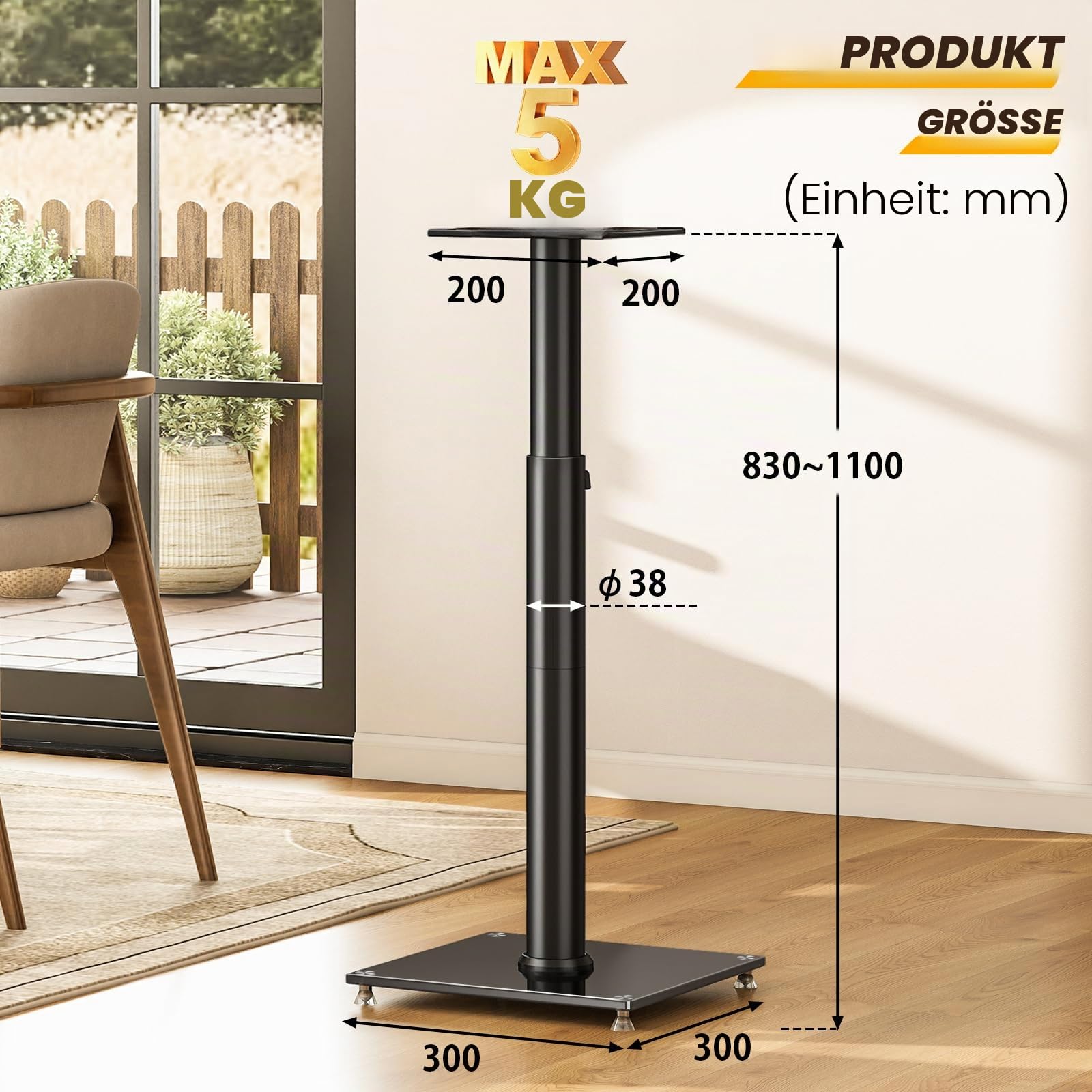 5Rcom Universal Lautsprecherständer, 2er Set, Bodenständer, höhenverstellbar 830-1100 mm, hält 5 kg, Kabelmanagement, einfache Montage, schwarz