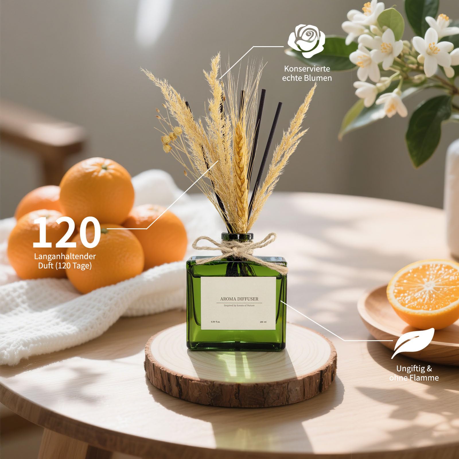 Blume Raumduft Diffuser für 120 Tage Büro,Aroma Diffuser Zitrus Duft mit 7 Duftstäbchen,Natürlich Langanhaltend Lufterfrischer für die Schlafzimmer, Raumdüfte für dekorative Wohnaccessoires