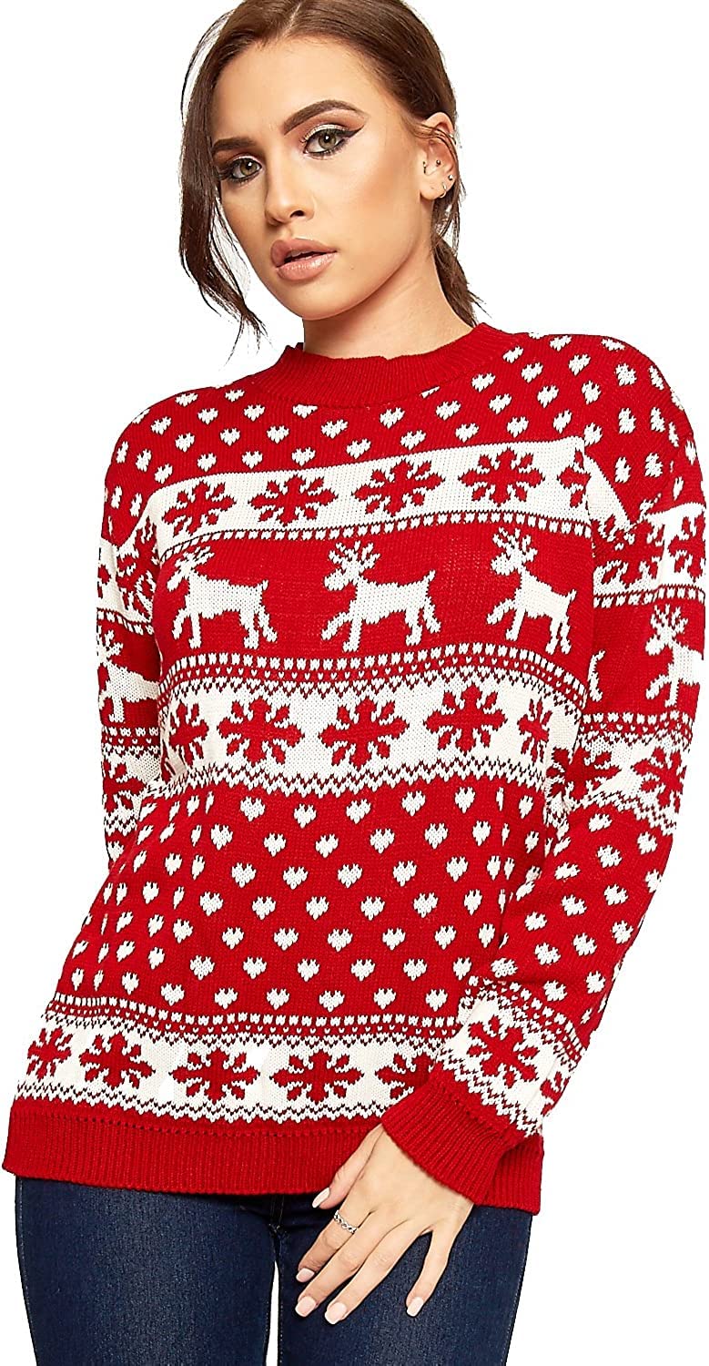 Wearall Women's Snowflake Red Knitted Merry Christmas Long Sleeve Xmas Tree Pom Jumper 8-10
