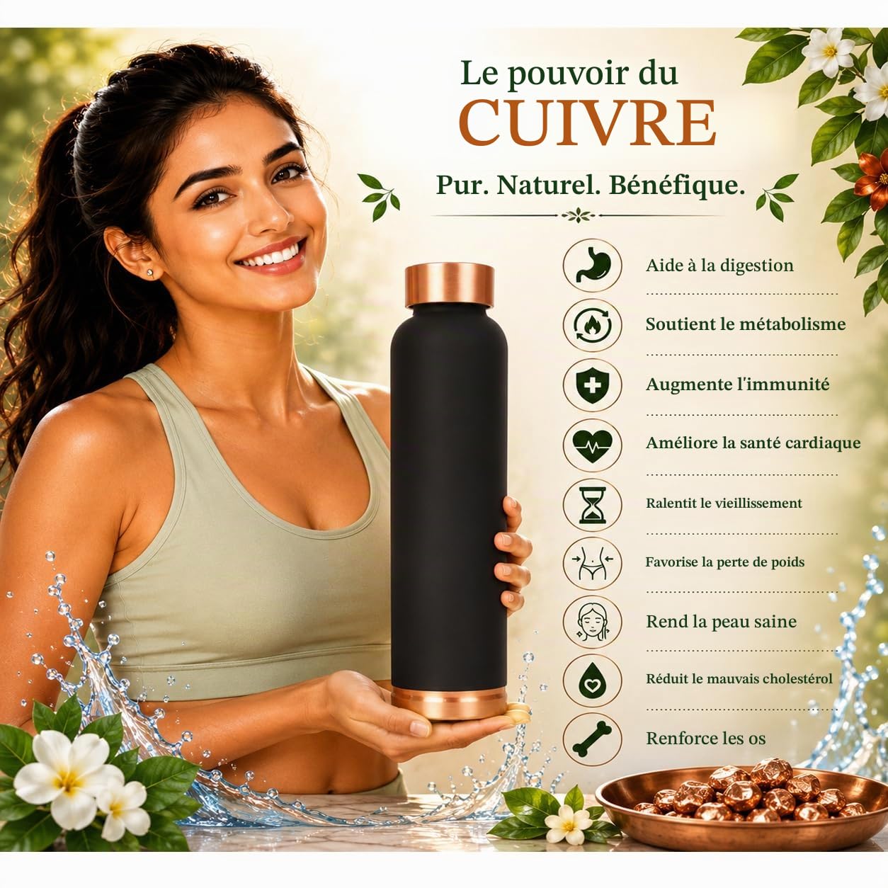 Bouteille d'eau en cuivre pur Fabriquée à la main - Bienfaits ayurvédiques pour la santé - 33 OZ Facile à transporter pour le sport, l'école - Finition mate noir de jais en émail vintage.