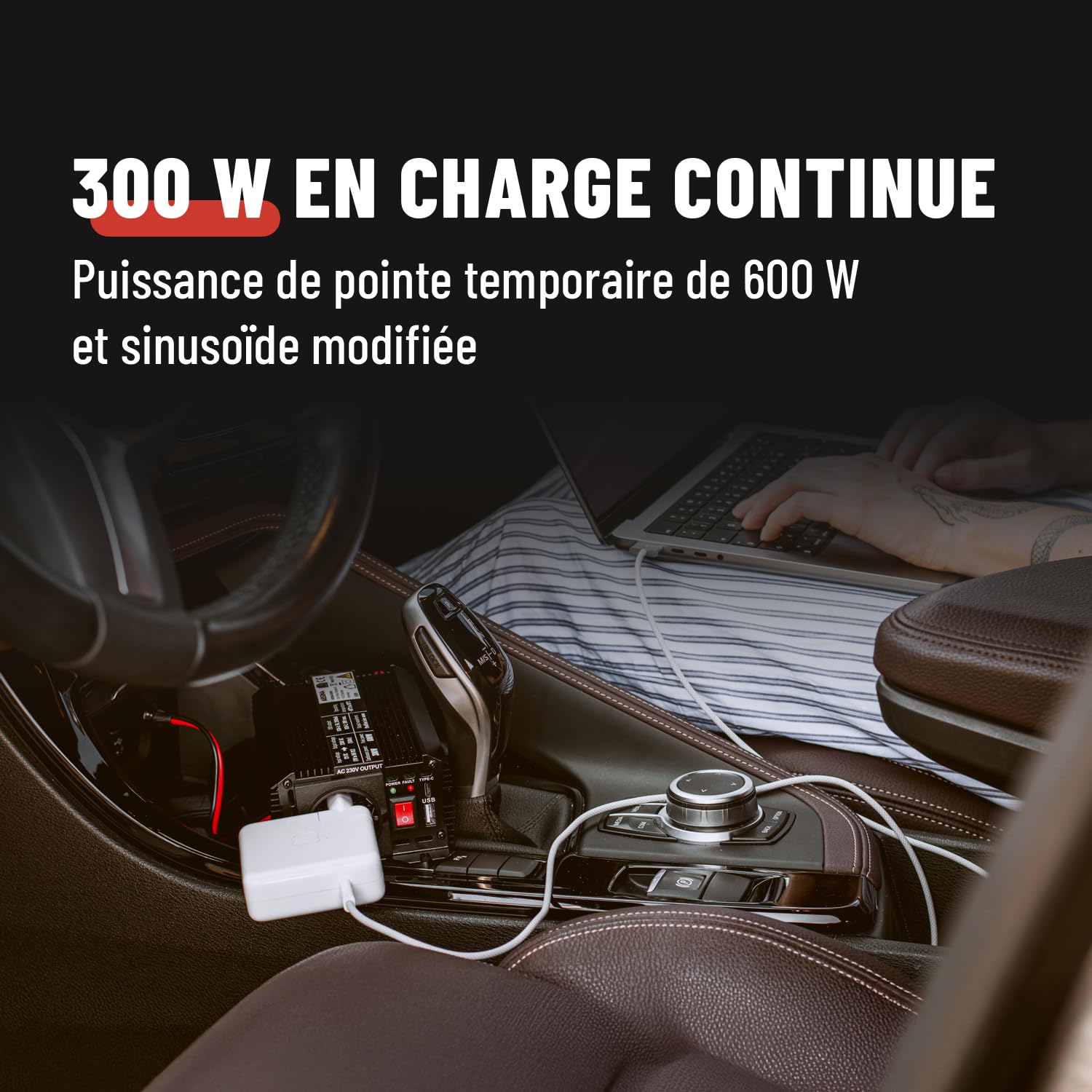 ABSINA Convertisseur 12V 220V 300W - Convertisseurs électriques pour Auto | à onde sinusoïdale modifiée - Onduleur 12V 220V 300W avec puissance de crête 600W - Convertisseur allume cigare prise