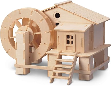 Puzzled 3D Puzzle Water Mill Set Wood Craft Construction Model Kit, Fun & Educational DIY Wooden Toy Assemble Model Unfinished Crafting Hobby Puzzle to Build and Paint for Decoration 65 Pieces Pack