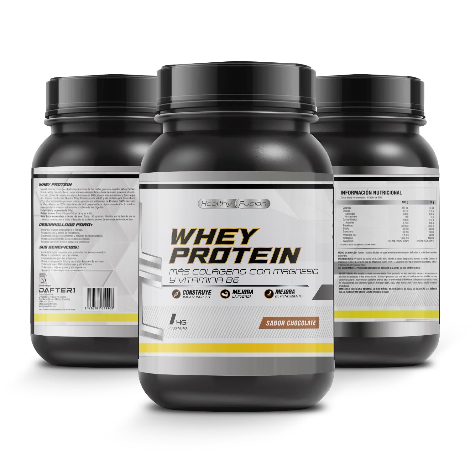 Whey Protein 1KG | 43g Proteína/dosis | Proteína en polvo, BCAA, Glutamina, Colágeno, Magnesio y Vitamina B6 | Aumenta Masa Muscular, Fuerza, Recuperación | Alta Disolución, Fácil Digestión Chocolate