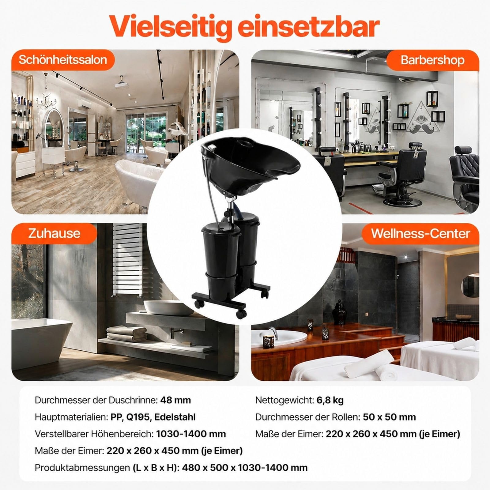 Tragbares Friseurwaschbecken in Schwarz, mit elektrischer Pumpe, 2 Eimern, 2 Duschköpfen, Ablaufschlauch, höhen- und winkelverstellbar für Salon