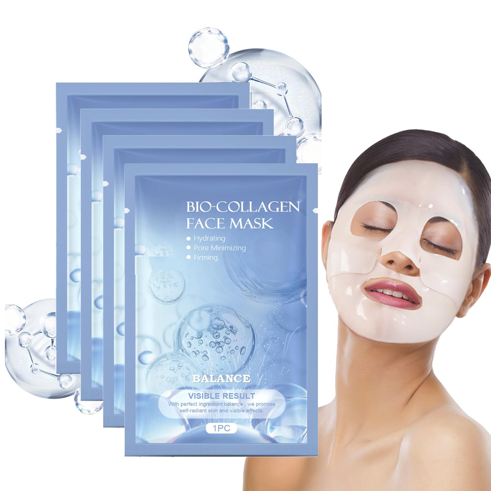 4 Pcs Bio-Collagen Face Mask, Deep Collagen Wrinkle Lifting Mask for Face, Overnight Firming and Hydration Mask, Infused with Collagen, Enhanced Skin Elasticity