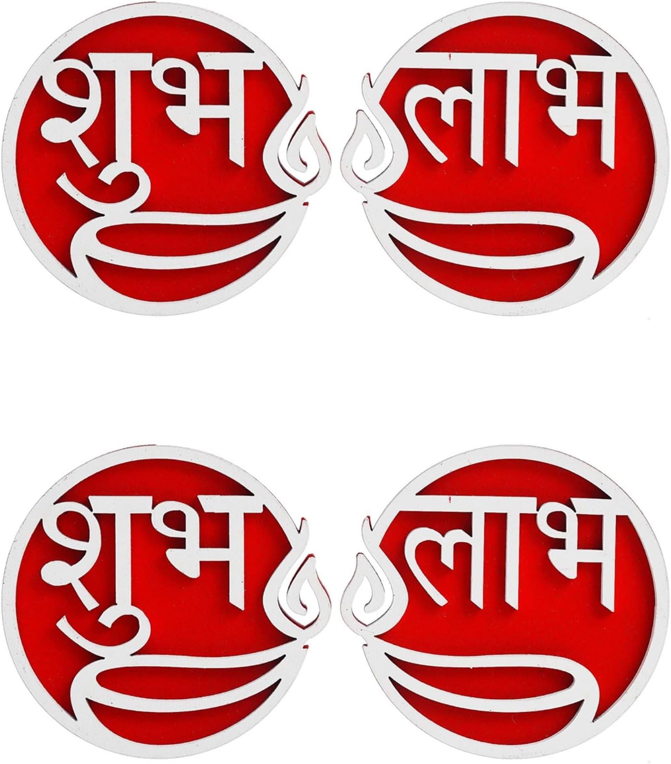 eCraftIndia Set of 2 White & Red Round Shaped Wooden Shubh Labh with Diya Decorative Showpieces for Diwali, Navratri, Ganesh Chaturthi, Festival - Diwali Decoration Items for Home Decor