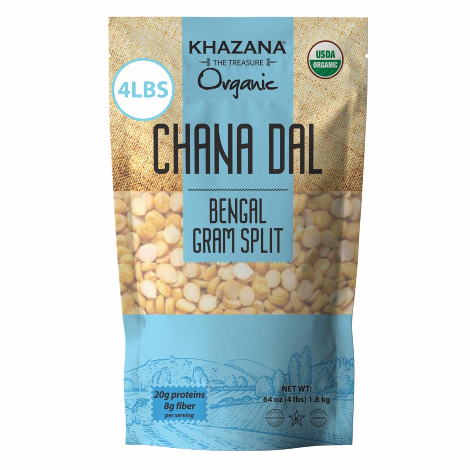 Khazana ORGANIC Chana Dal 4lb - Bengal Gram Split | Non-GMO, Gluten Free & Kosher | Authentic Lentils From India