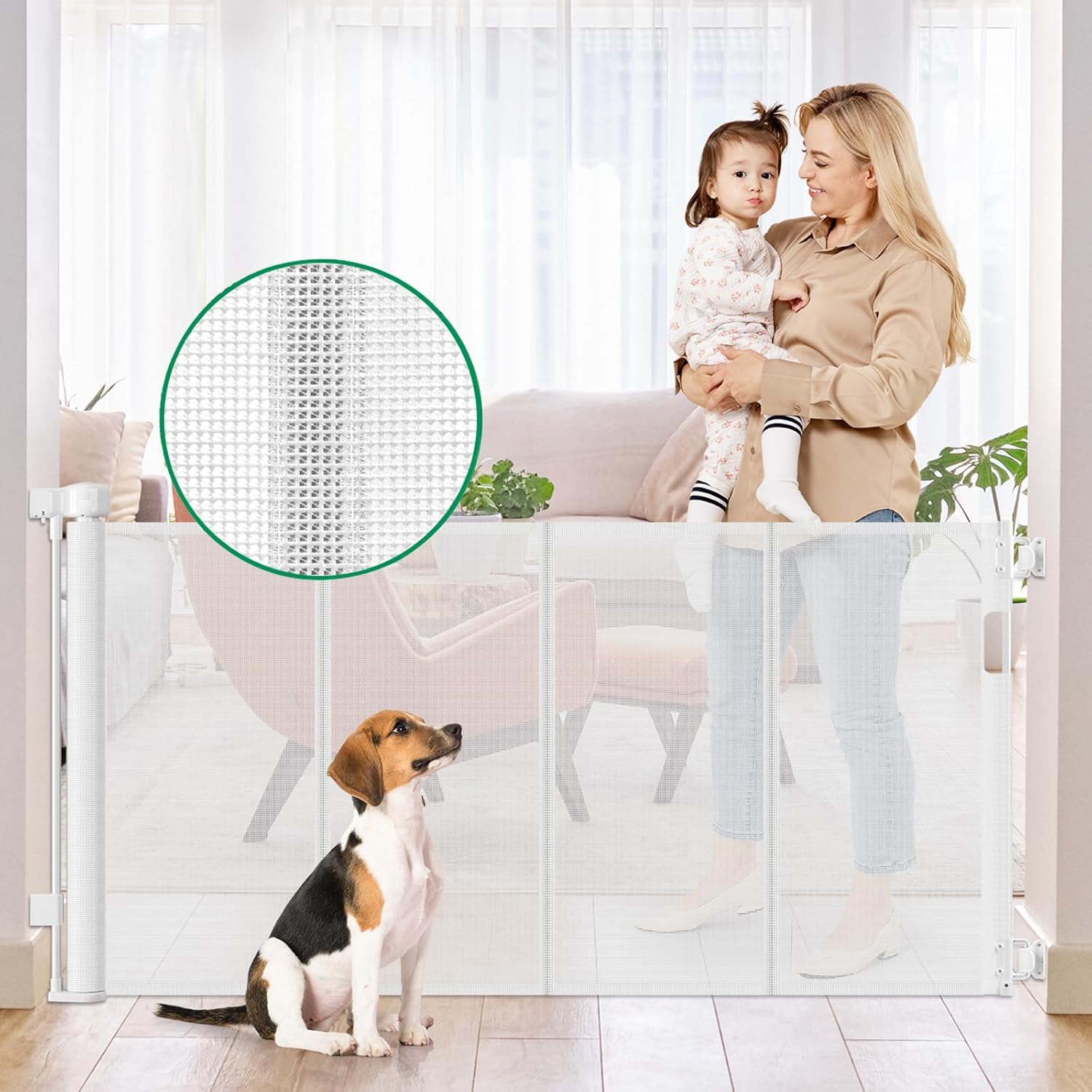 Reinforced 56" Wide Retractable Baby Gates for Doorways, Retractable Dog Gate for Stairs with Support Rods – Prevent Crawling Under, Outdoor Indoor Mesh Baby Gate Retractable Gates for Dogs, White White 56"W x 33"H