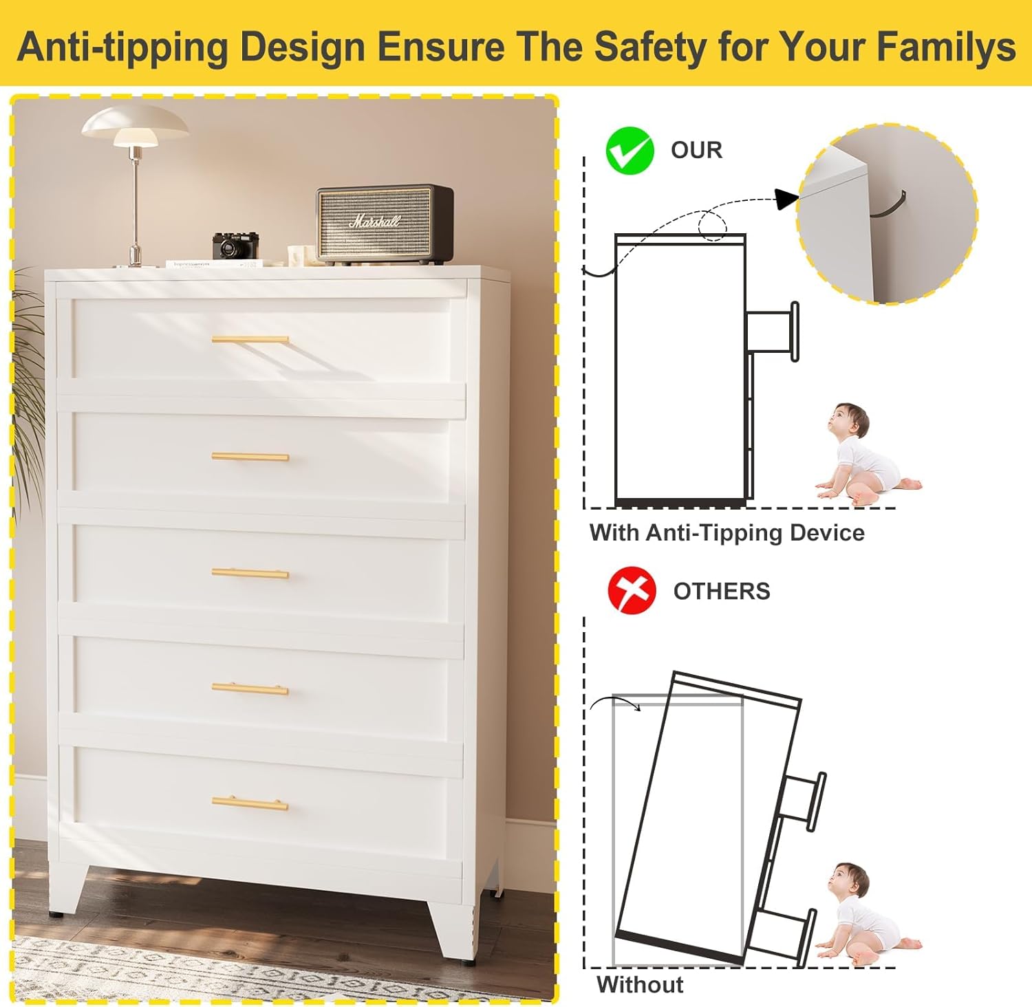 53.54" Tall Metal Dresser for Bedroom, 5 Drawer Closet Dressers Chests, Modern Storage Organizer Unit, Large Storage Space Drawer Storage Cabinet for Living Room, Entryway, Hallway, White