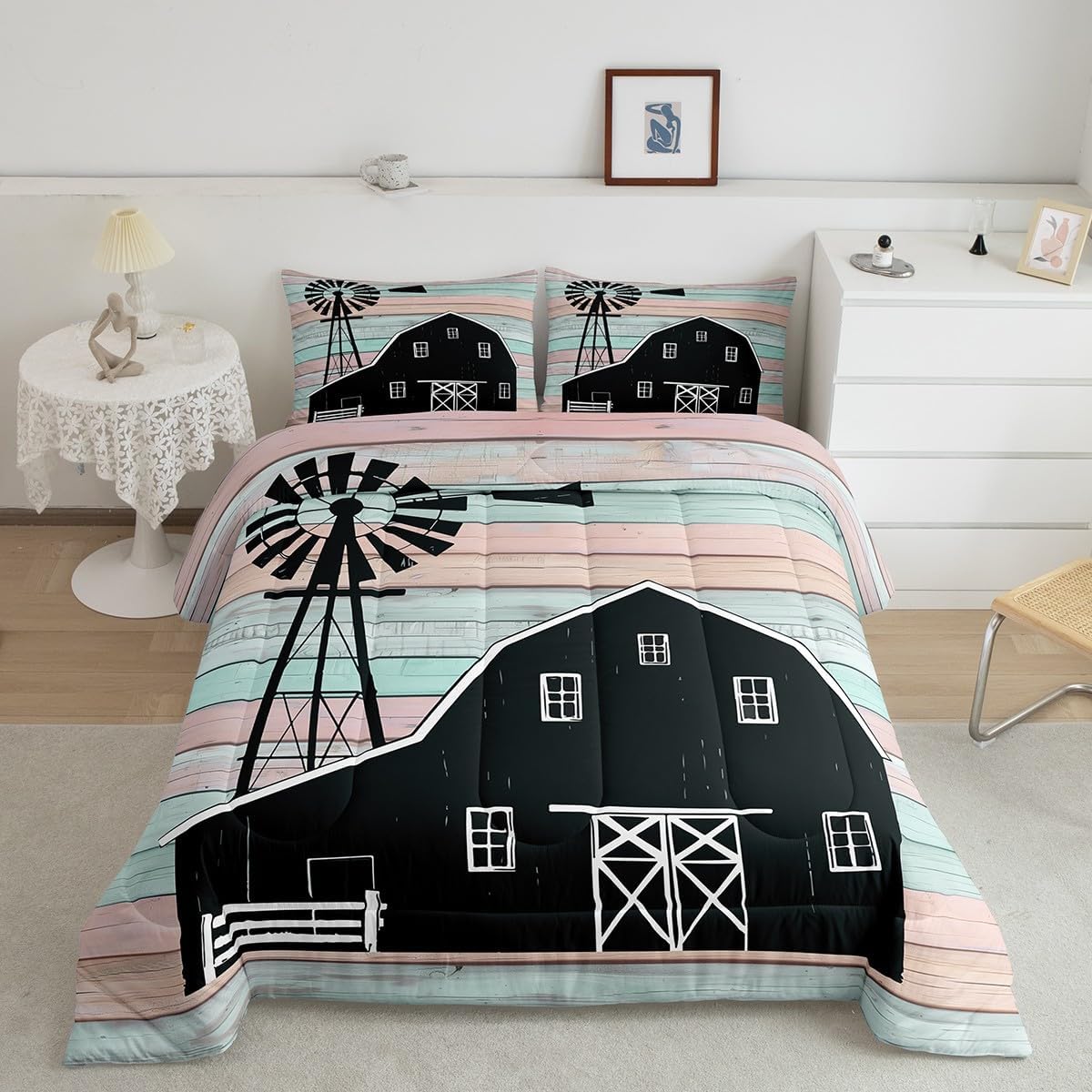 Erosebridal Windmill Decor Farmhouse Bedding Set Farm Animals Quilt,Cattle Milk Cow Comforter Set Lodge Cabin Barn Door Wood Board Duvet Insert King,Retro Country Trees Rustic Home Decor,Green Brown