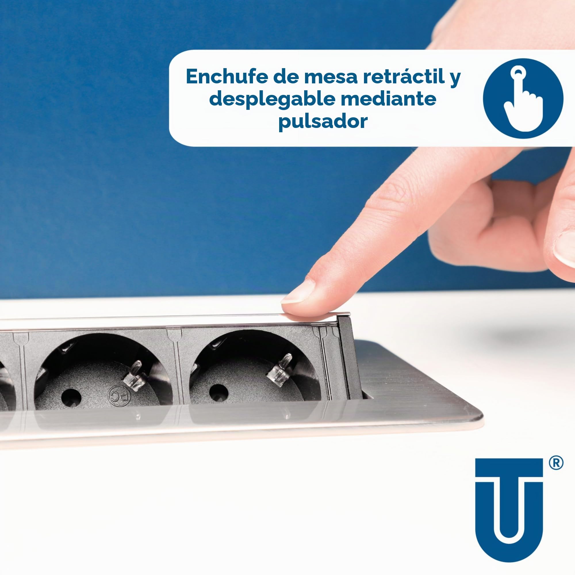 Unitec 30886 - Regleta retráctil Horizontal, 2 Puertos de Carga USB, 3 enchufes, Solapas de sujeción Incluidas, Cable de conexión y Enchufe