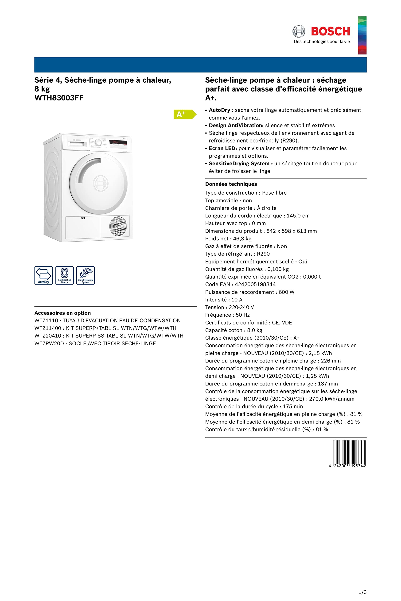 Bosch électroménager WTH83003FF Sèche-linge frontal pompe à chaleur Série 4 - AutoDry - Pose libre - 8 kg - Blanc