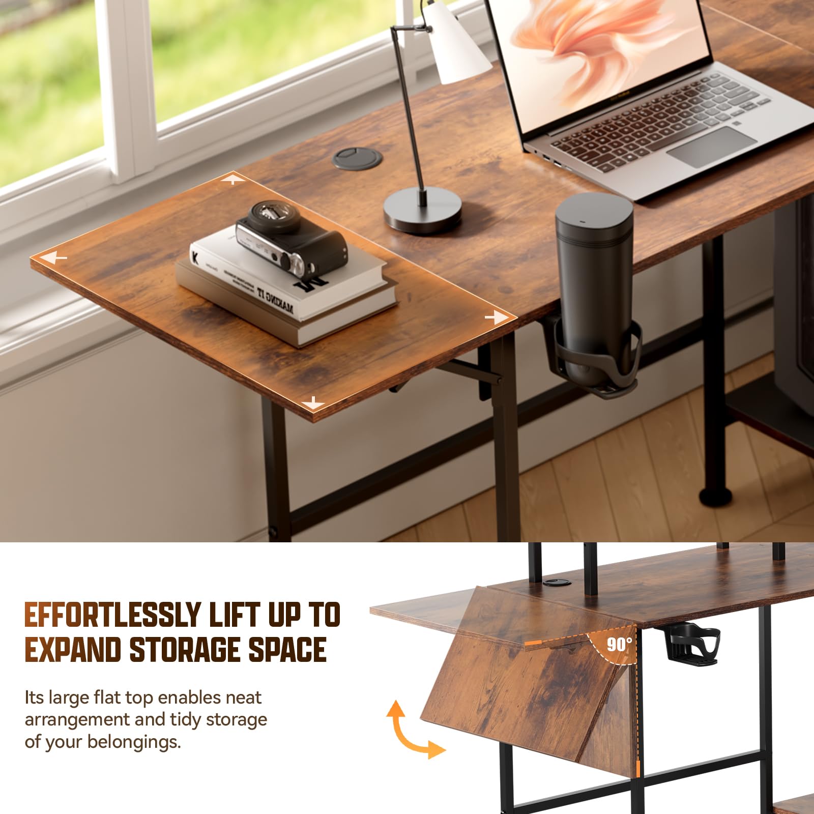 L Shaped Computer Desk with Folding Desk Extender Tray &Power Outlet, Brown, Rustic Brown, (120-220)cm×50cmx74 cm - Image 2