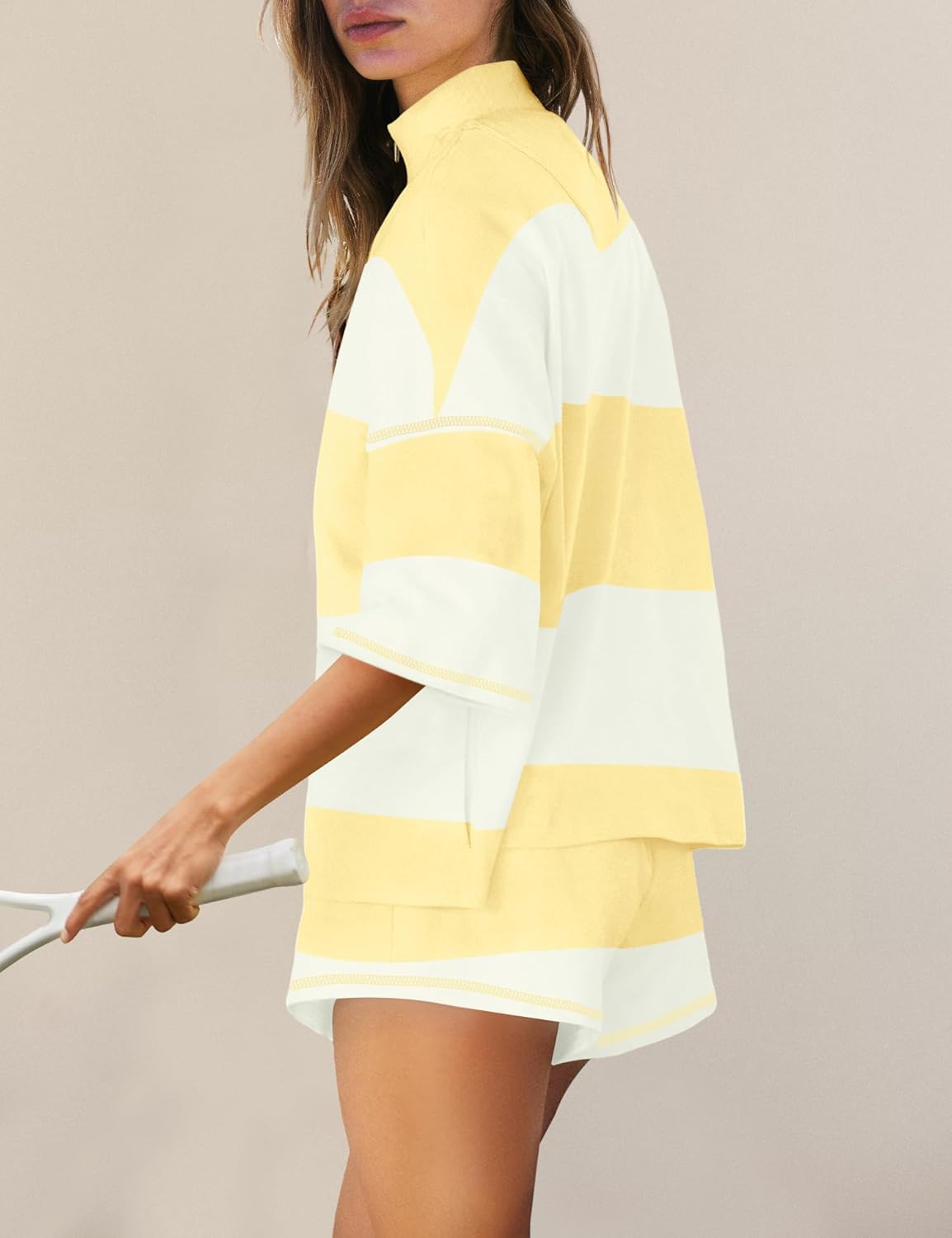 Panadila Women Striped Workout Set Two Piece Outfit Tracksuit Oversized Lounge Set Top and Shorts Sets with Pockets - Image 2