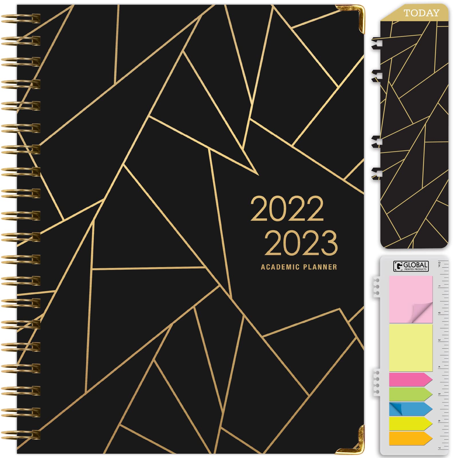 HARDCOVER Academic Year 2022-2023 Planner: (June 2022 Through July 2023) 8.5"x11" Daily Weekly Monthly Planner Yearly Agenda. Bookmark, Pocket Folder and Sticky Note Set (Black Gold Triangles)