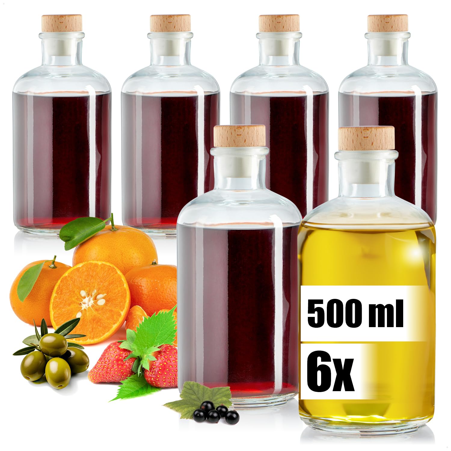 Robin Goods Transparent, Brown Robin Goods® 6X Glass Bottles 500 Ml With Cork, Empty Containers For Filling With Liquids Such As Oil, Vinegar Or Spirits