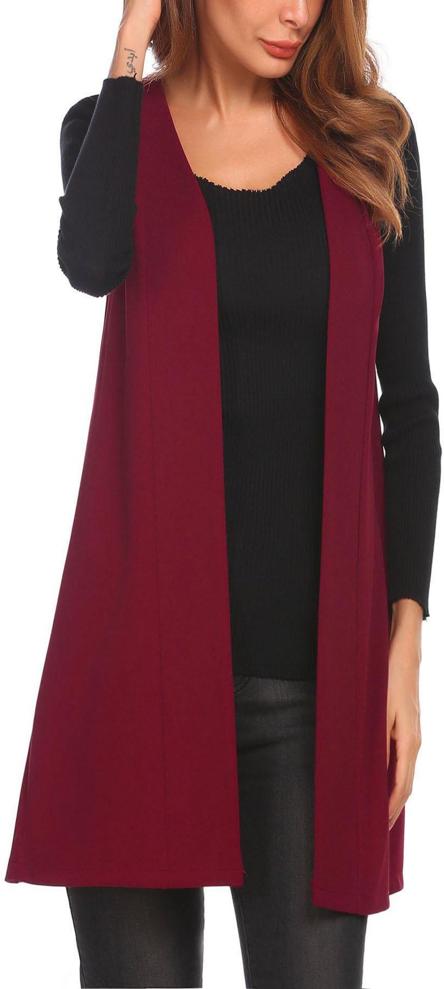 Opino Womens Longline Sleeveless suit coat Waistcoat Cardigan Wine Red S