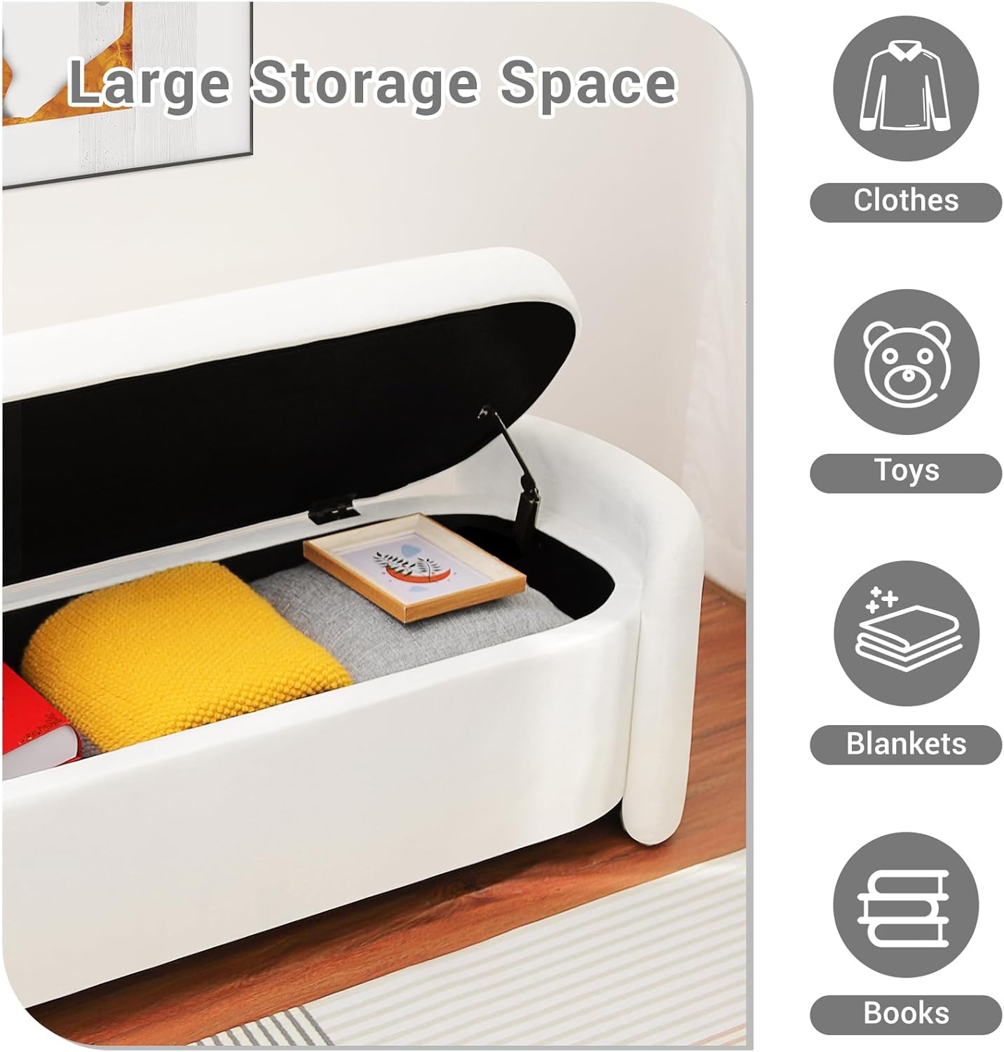 Modern Oval Storage Ottoman Bench, 51.2" Upholstered Fabric End of Bed Bench with Safety Hinge and Seating, White Velvet Ottoman for Bedroom, Living Room, Entryway