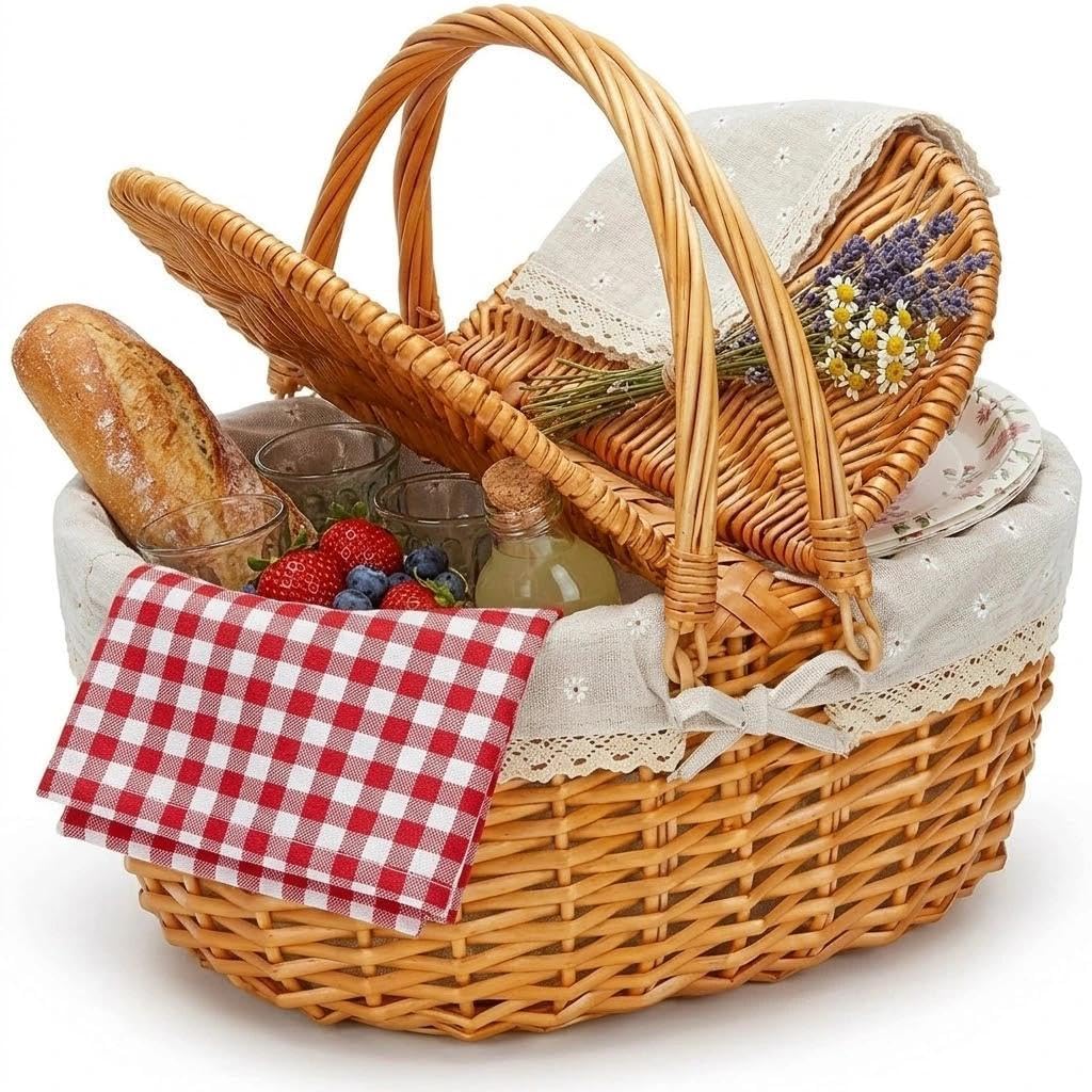 Panier de pique-nique en osier avec couvercle - Panier à provisions tressé avec poignée et doublure - Panier à champignons - Panier en osier pour le camping, les pique-niques, la cueillette et les