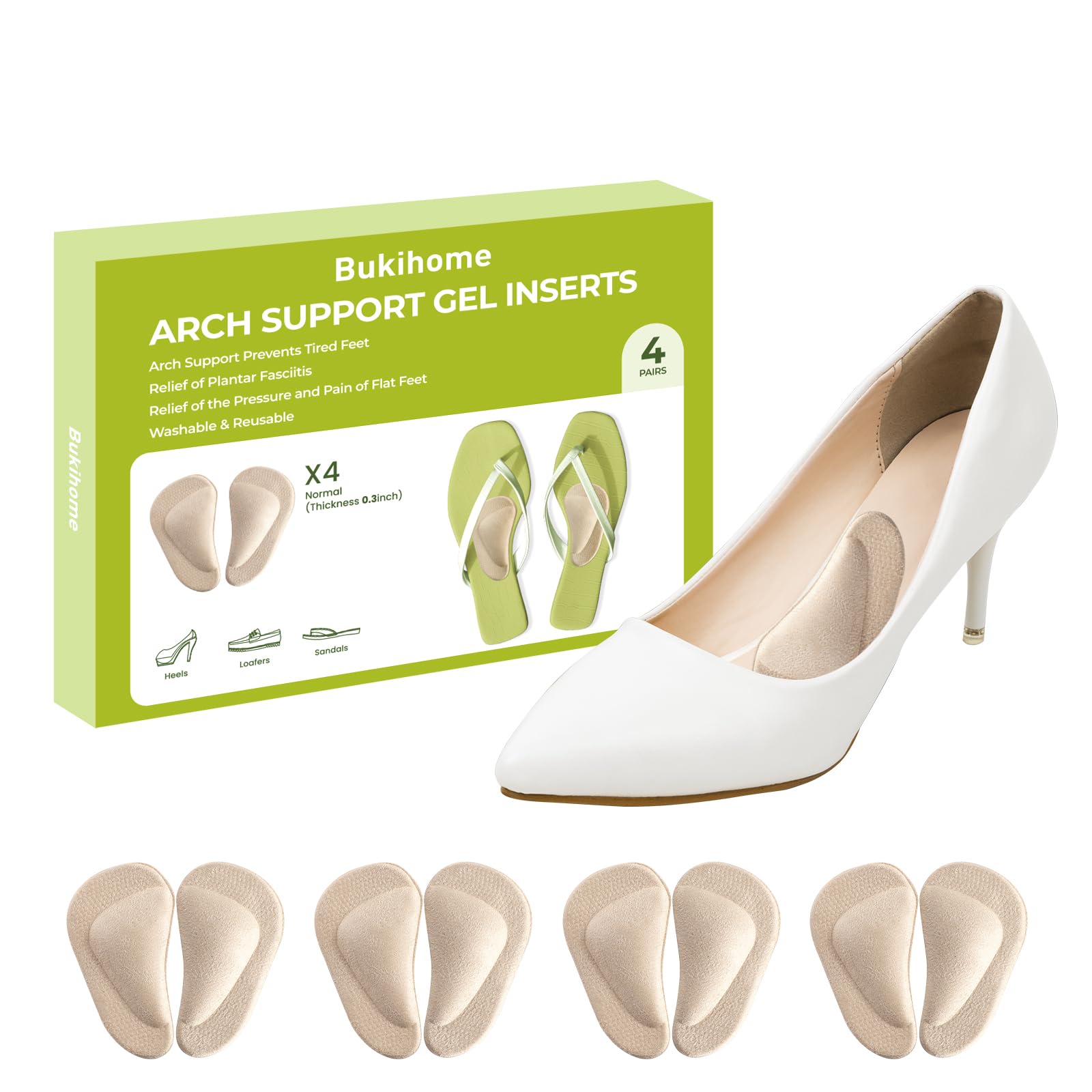 Arch Support Shoe Insoles &amp; Insert - Bukihome Gel Arch Inserts for Flat Feet, Plantar Fasciitis - Adhesive Arch Pad for Foot Pain Relief - All Day Comfort - 0.3 Inch - 4 Pairs (Beige)
