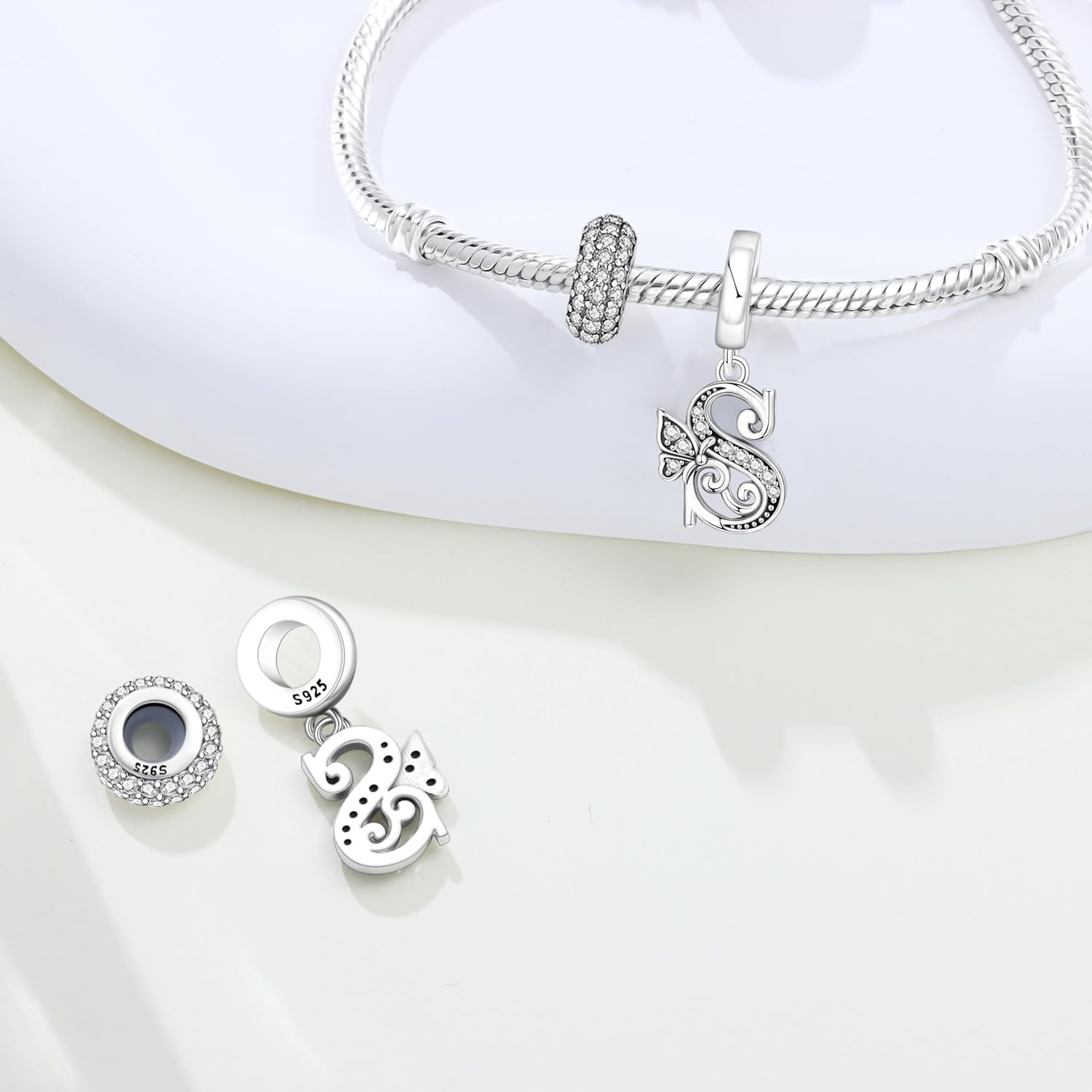 2 Pack 925 Sterling Silver Butterfly Letter Charms for Bracelets and Necklace Alphabet Initial Dangle Pendants Round Spacer Beads Pave Cubic Zirconia Jewelry Gift for Women - Image 2