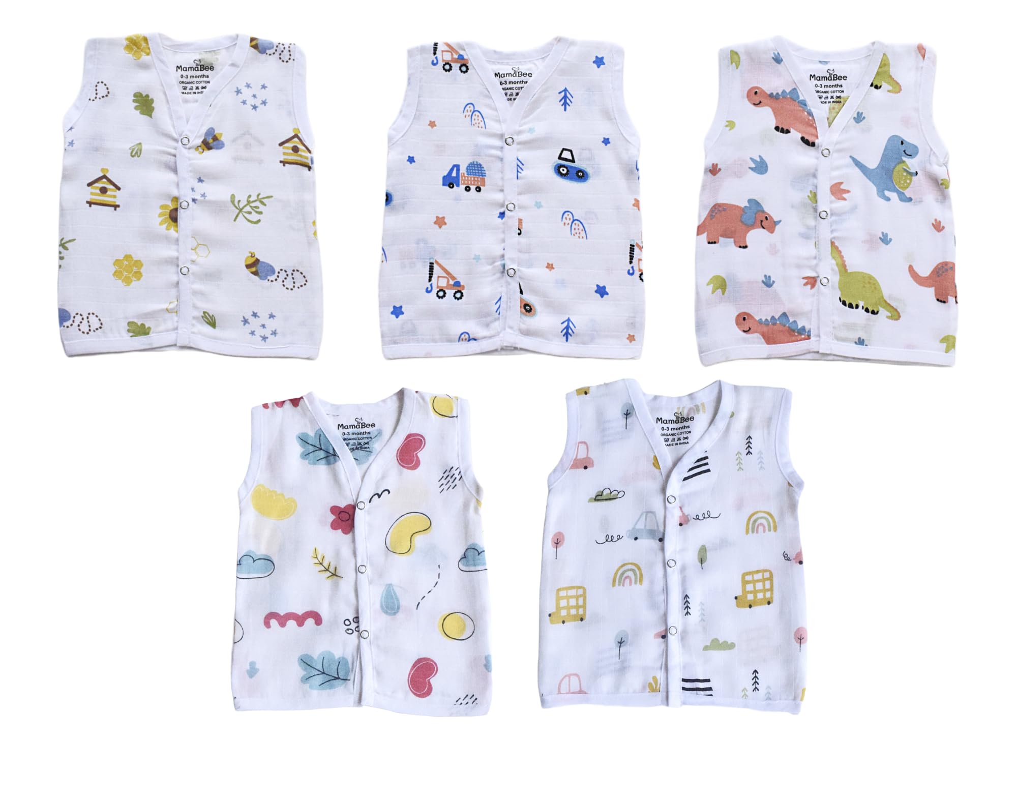 MamaBee 100% Organic Cotton Muslin Button Jabla | Printed Jabla | for Boys & Girls | Soft & Comfortable Baby Products | Sleeveless Vest | Snap Button Jabla | Assorted Pack of 5 | Size - 0-3 Month-picture-18