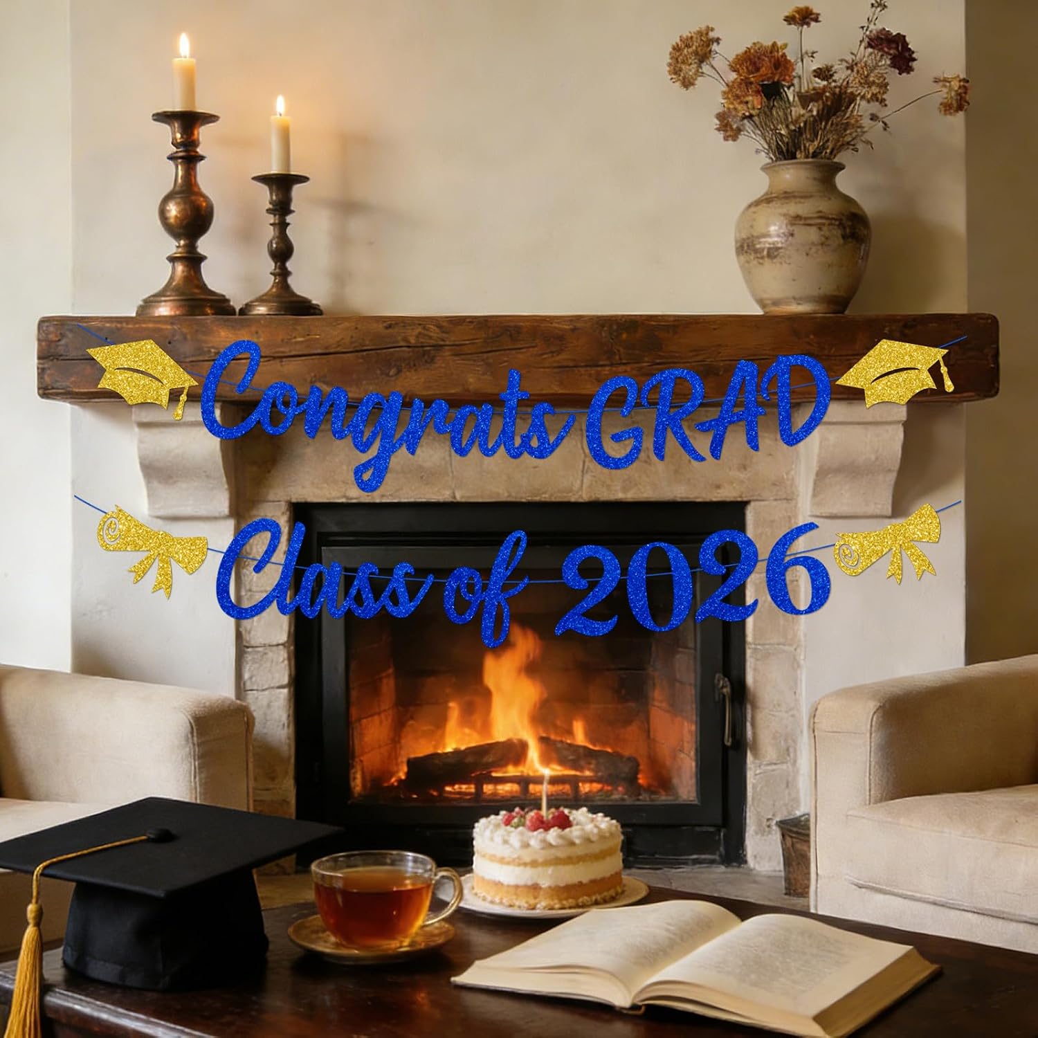 Blue and Gold Graduation Decorations Banner 2026,Glitter Blue and Gold Class of 2026 Banner and Graduation Caps Garland,Pre-Strung Congrats Grad Banner for Graduation Party