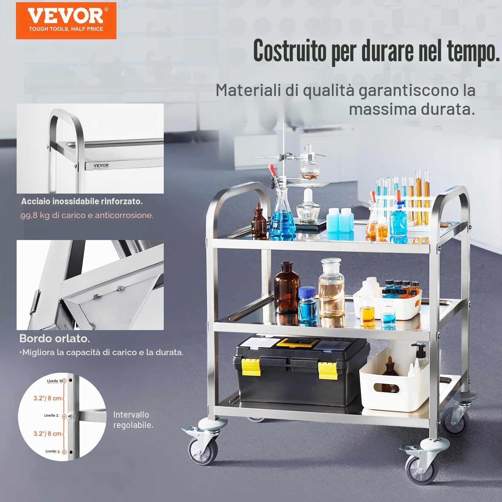 VEVOR Carrello da Laboratorio in Acciaio Inox 3 Ripiani 100 kg 740x396x860 mm