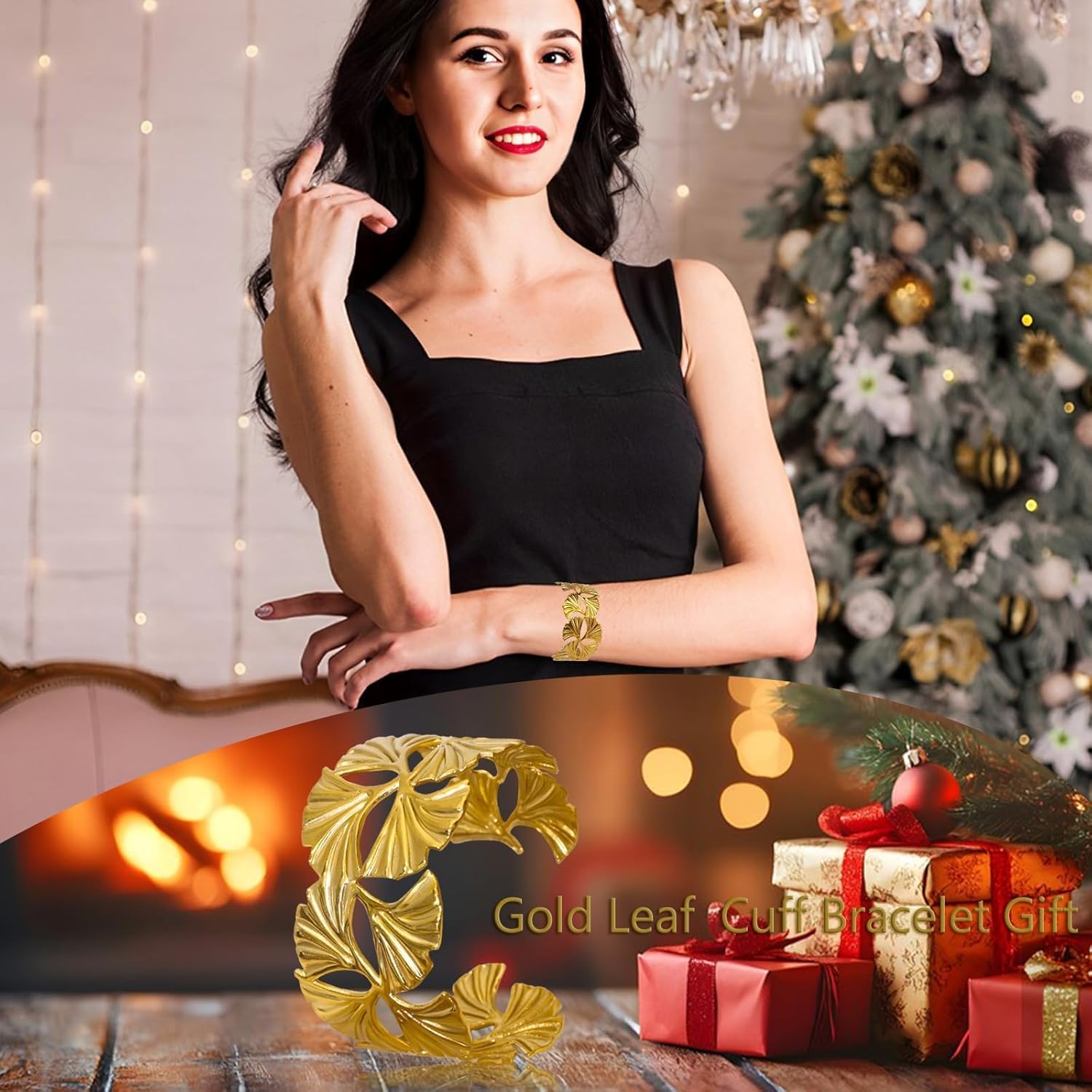 18k Gold Plated Adjustable Cuff Bracelets Personalized Open Wide Leaf Natural Stone Cuff Bangle Buckle Bracelet Jewelry Birthday Valentine's Day Gift for Women - Image 6