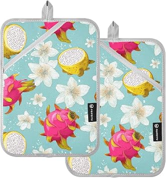 Dragon Fruit Pot Holders for Kitchen White Flowers Heat Resistant Hot Pads with Hand Pockets and Hanging Loops, Potholders 2 Pack Set for Cooking Baking Microwave