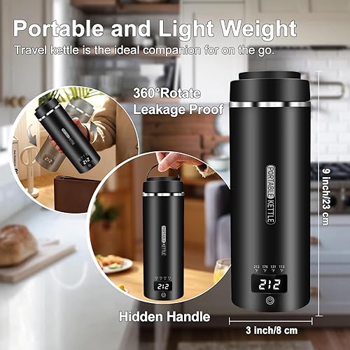 Miniatura 3 de Tetera de viaje, pequeña tetera eléctrica, portátil, con 4 ajustes de temperatura, enchufe en acero inoxidable 304, con apagado automático (negro)