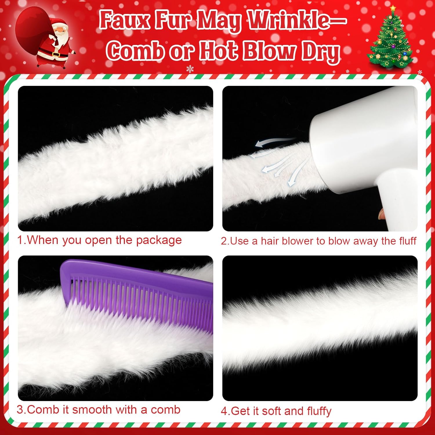 2" Fur Fabric, White Fur Trim, Xmas Faux Fur Ribbon for Christmas Tree Decor, Craft, Costume, Wreath (9 Yards)
