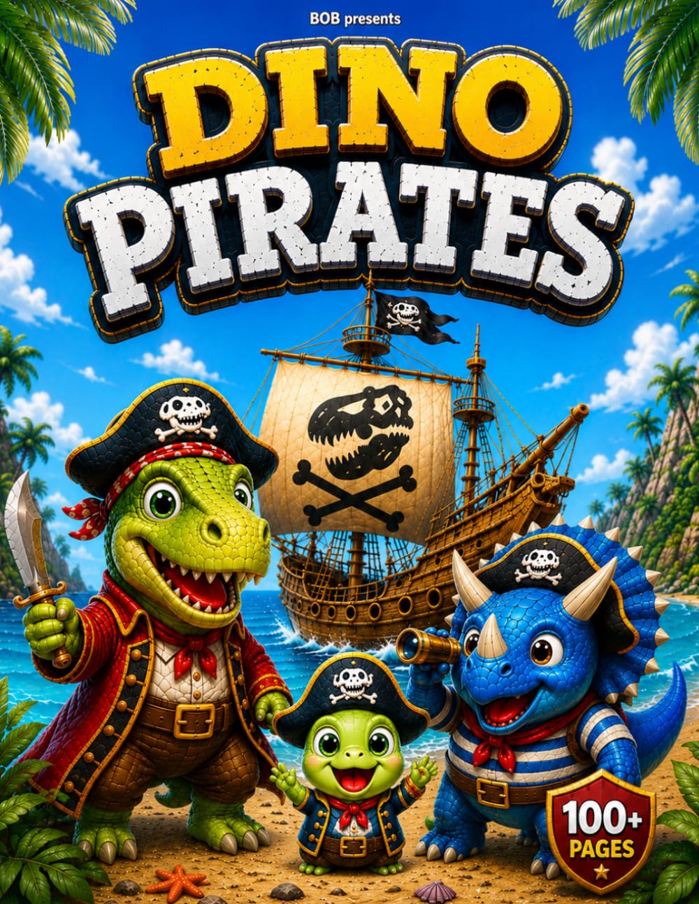 BOB Dino Pirates Coloring Book: Color the Story! 50 Story Scenes, 100 Pages of Pirate Dinosaur Adventure for Kids Ages 4-8: A Fun Story Coloring Book ... Big Ocean Adventures (BOB＆Dinosaur Series)