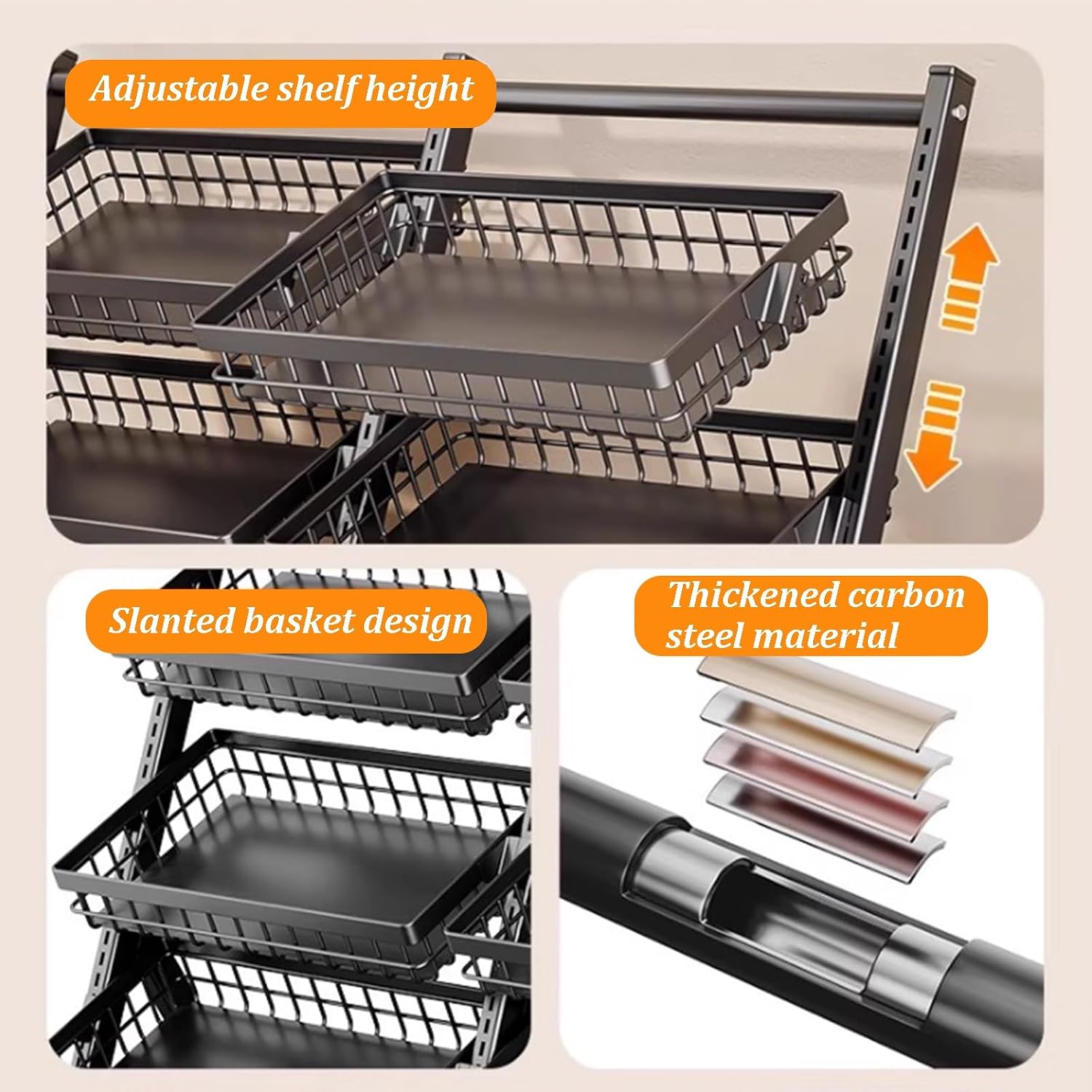 Retail Display Rack Market Shelf with Wheels, Market Merchandise Display Shelf, Snap-on Design Detachable, Fruit Store Storage Stand for Home Store Kitchen Shop(White,8 Baskets)