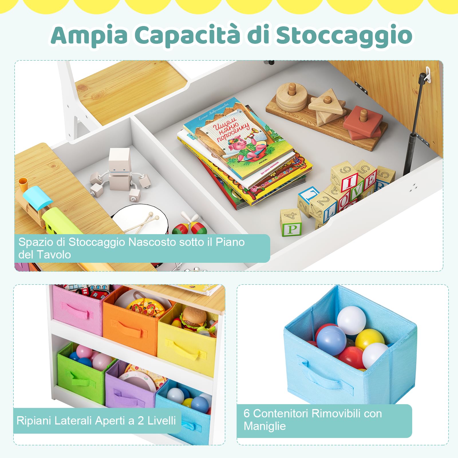 COSTWAY Set Tavolo da Disegno e Cavalletto per Bambini 3+ Anni con 2 Sedie, Tavolo Multifunzione in Legno con Piano Sollevabile, Rotolo di Carta, 6 Bicchieri di Vernice (Naturale)