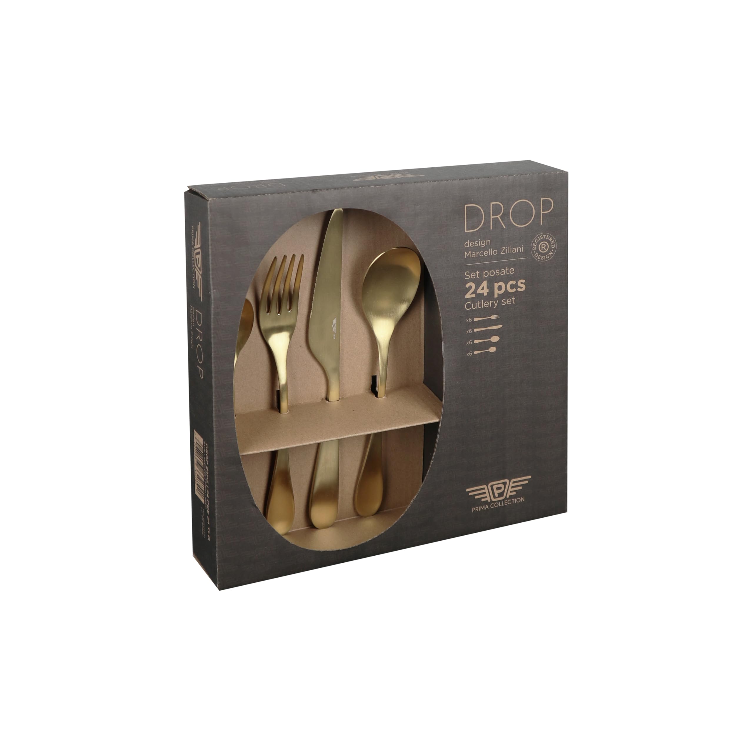 Pintinox - Drop Set de Couverts de Table pour 6 personnes, 24 pièces en Acier sans nickel Finition Or Satin: 6 fourchettes, 6 cuillères, 6 couteaux, 6 cuillères à thé, Lavables au lave-vaisselle, Gold