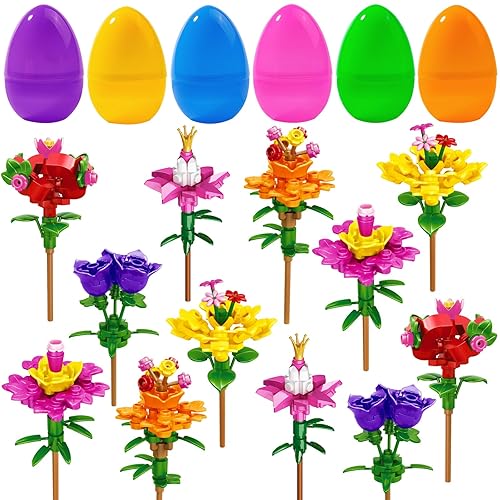 DIYDEC 12PCS Easter Flower Building Blocks with Easter Eggs Toys