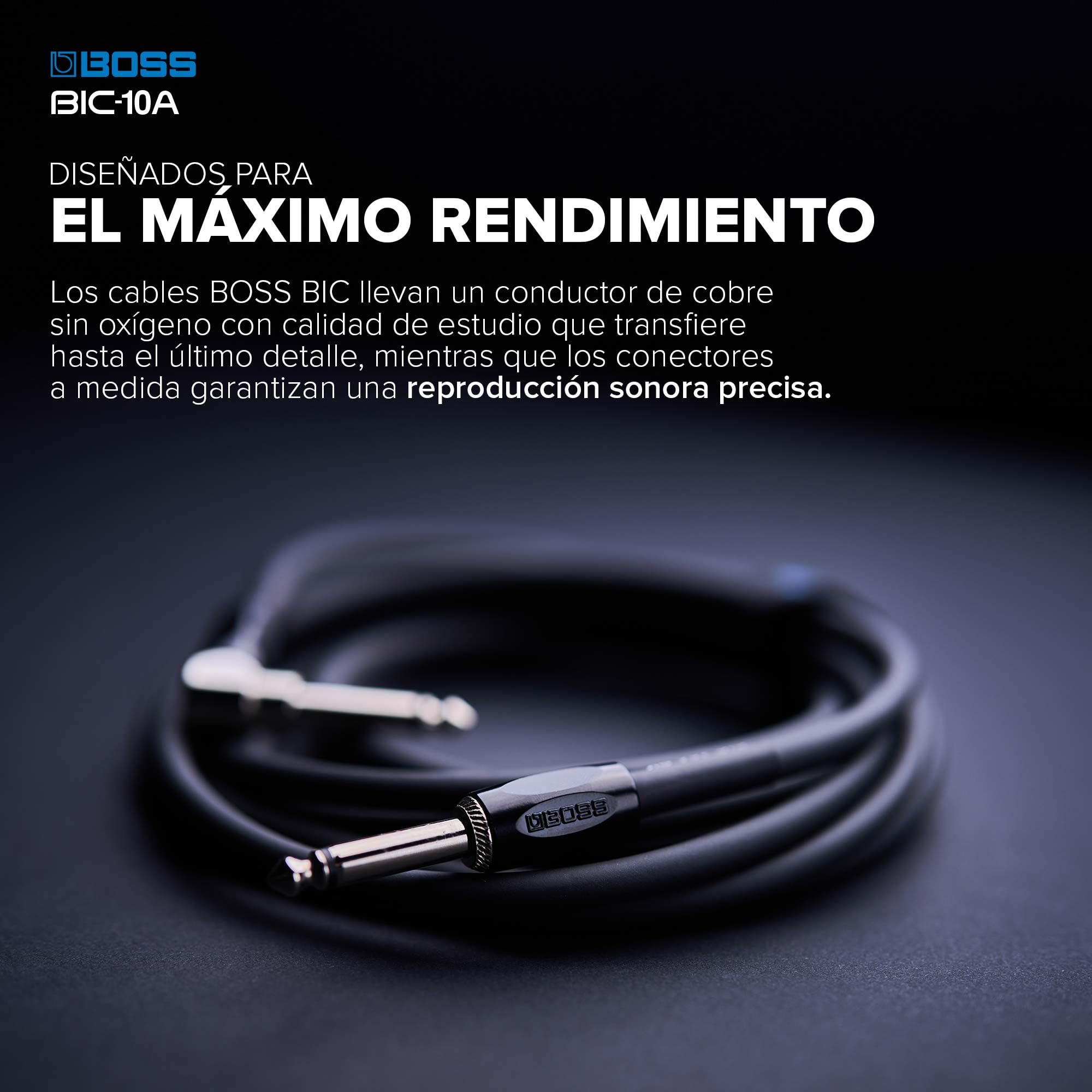 BOSS Serie BIC-10A | Cable de instrumento | Conectores de recto a ángulo recto de ¼ de pulgada | 3 m de longitud | Cables para guitarra, bajo y más | Silencioso y resistente | Negro