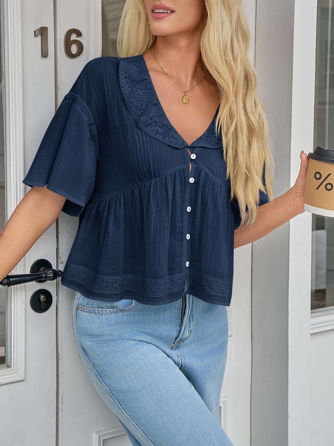 Cicy Bell Womens Cropped Babydoll Tops Summer Eyelet V Neck Short Sleeve Cute Blouses Ruffle Shirts - Image 5