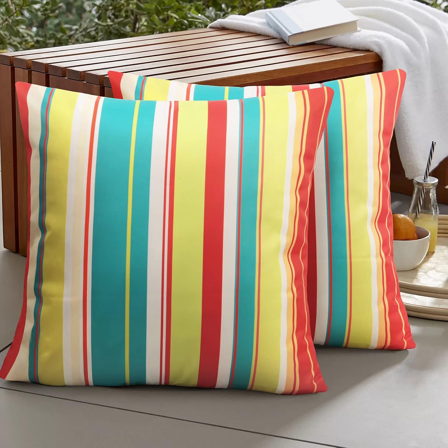 cygnus 18x18 Inch Colorful Striped Throw Pillow Covers Outdoor Waterproof for Patio Furniture Sunbrella Outside Decor Set of 2