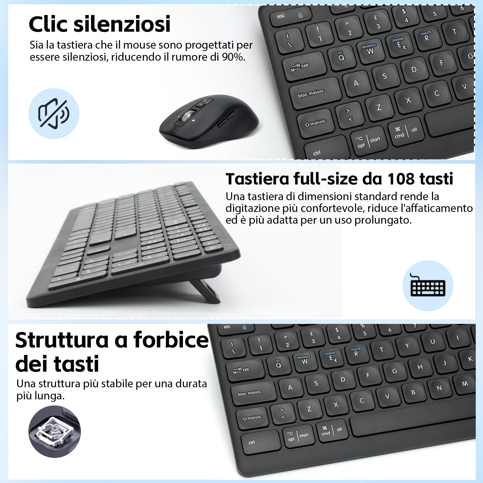 CITLLA Combinazione wireless di tastiera e mouse M9300, ricevitore USB 2-in-1 e due Bluetooth, tastiera silenziosa multi dispositivo, adatta per computer, laptop, uffici e lavoro