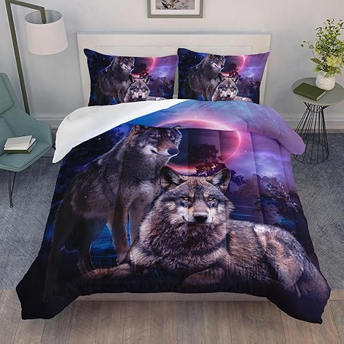 AILONEN Juego de edredón de lobo, tamaño Queen, juego de ropa de cama de lobos para exteriores, con luna roja, para parejas, para niños y niñas,