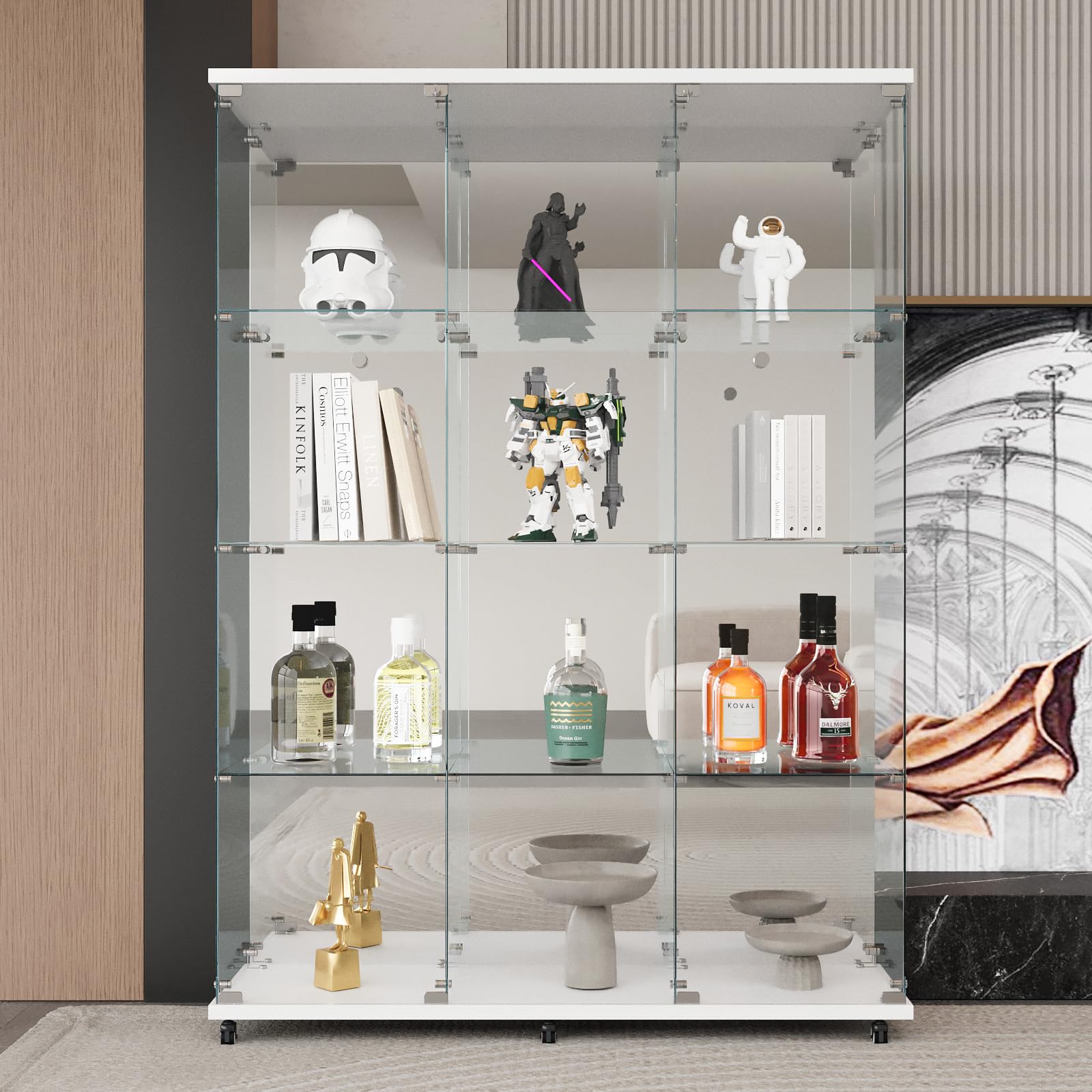 LFT HUIMEI2Y Glass Display Cabinet 12 Shelves with 3 Columns, Mirror Back Panel and Lock, Curio Cabinets Quick-Install Style Tempered Glass Floor Standing Bookshelf for Living Room, Kitchen White