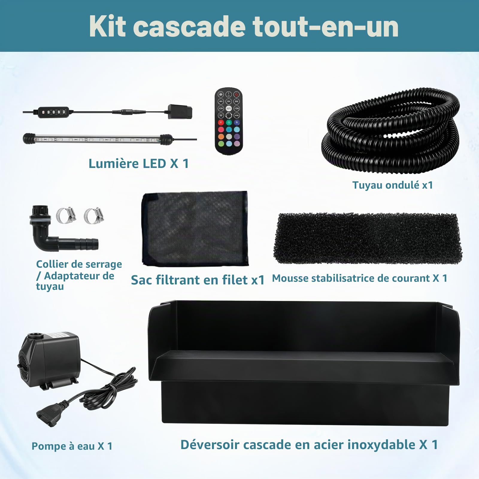 Kit de cascade de bassin avec lumière LED, filtre cascade de 20 cm avec pompe à cascade de 3000 l/h, tube ondulé de 3 m pour fontaine de jardin, décoration de jardin extérieure