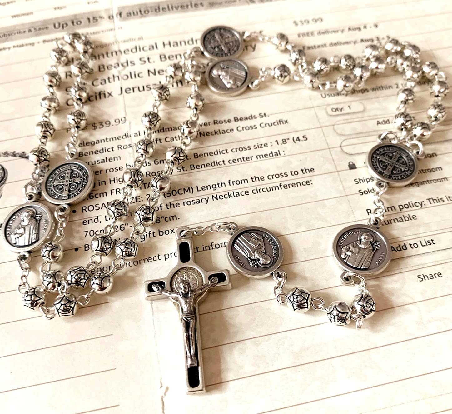 elegantmedical Handmade Silver Rose Beads St. Benedict Rosary gift Catholic Necklace Cross Crucifix Jerusalem