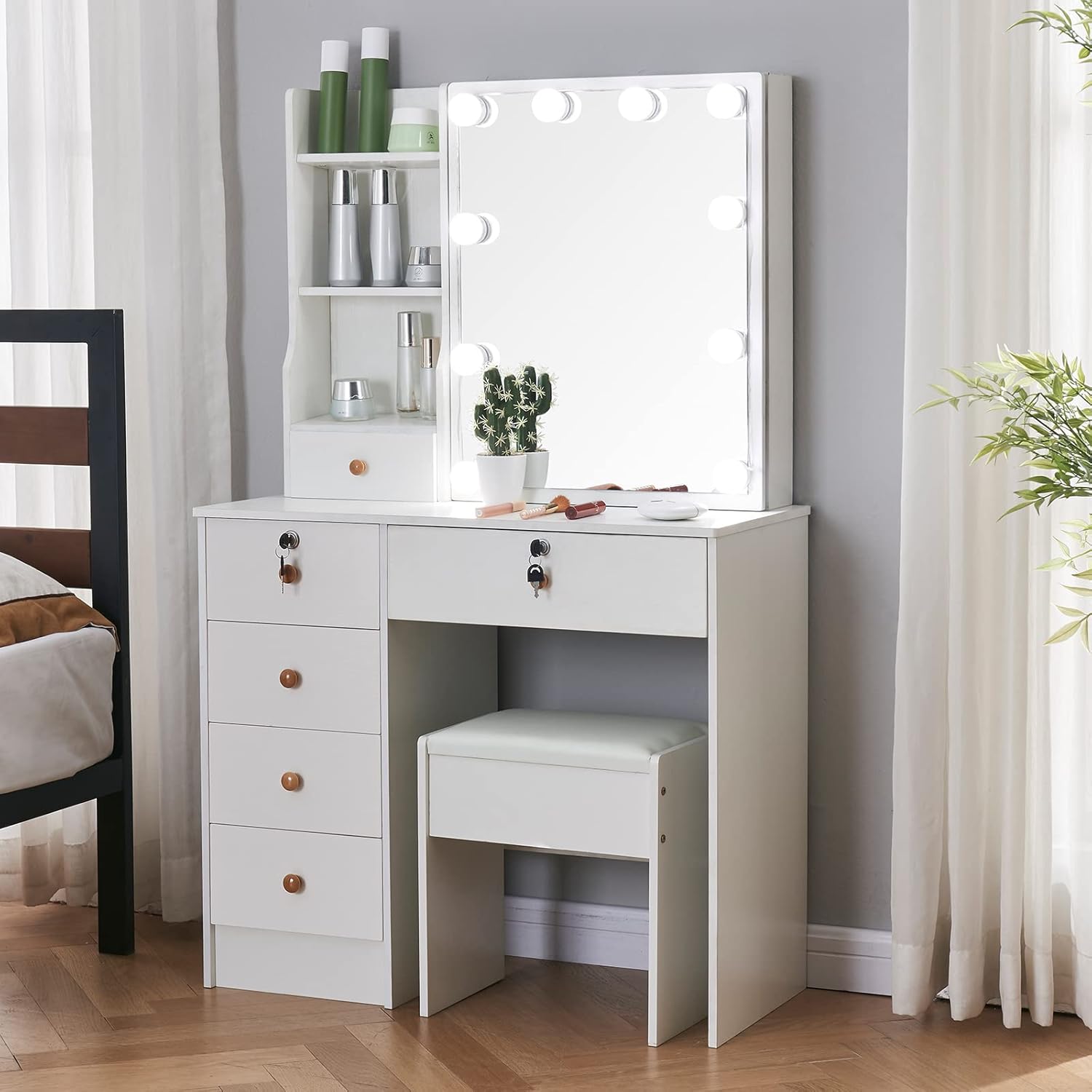 onesaimei Modern Dressing Table with Lighted Mirror, White