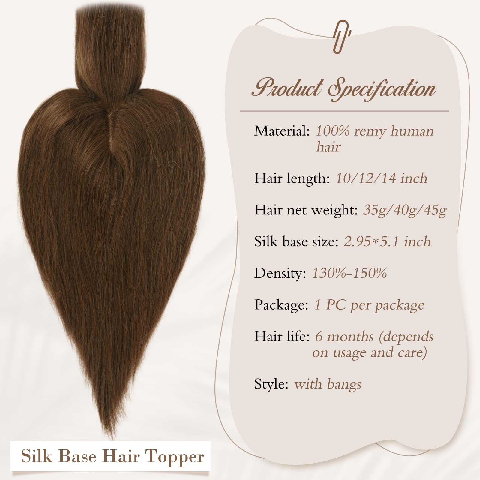 RUWISS Human Hair Topper with Bangs Crown Topper Hair Pieces for Women Short Wiglet Topper for Thinning Hair 7.5 * 13CM Silk Base 100% Real Human Hair Clip in Topper 14Inch 45g(Medium Brown 1) - Image 2