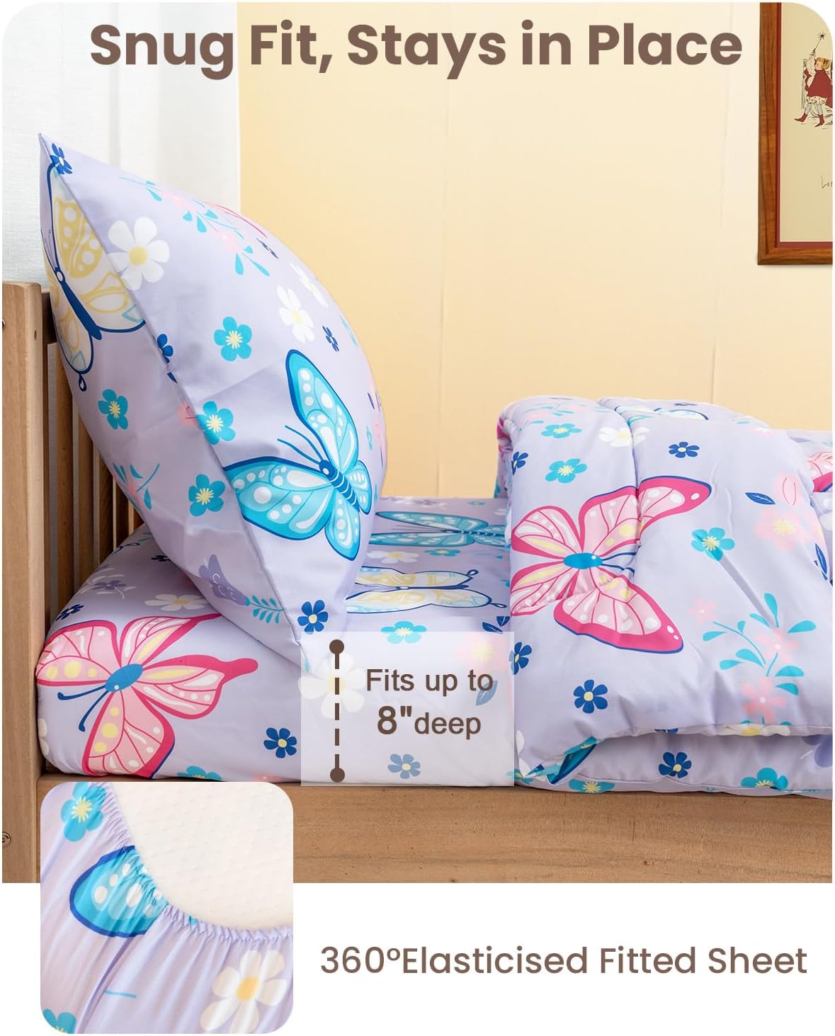 TinyPalsa Toddler Bedding Set, 4-Piece Butterfly Comforter Set for Girls and Boys, Breathable Crib Bedding Includes Ultra-Soft Quilt, Flat and Fitted Sheets, and Reversible Pillowcase