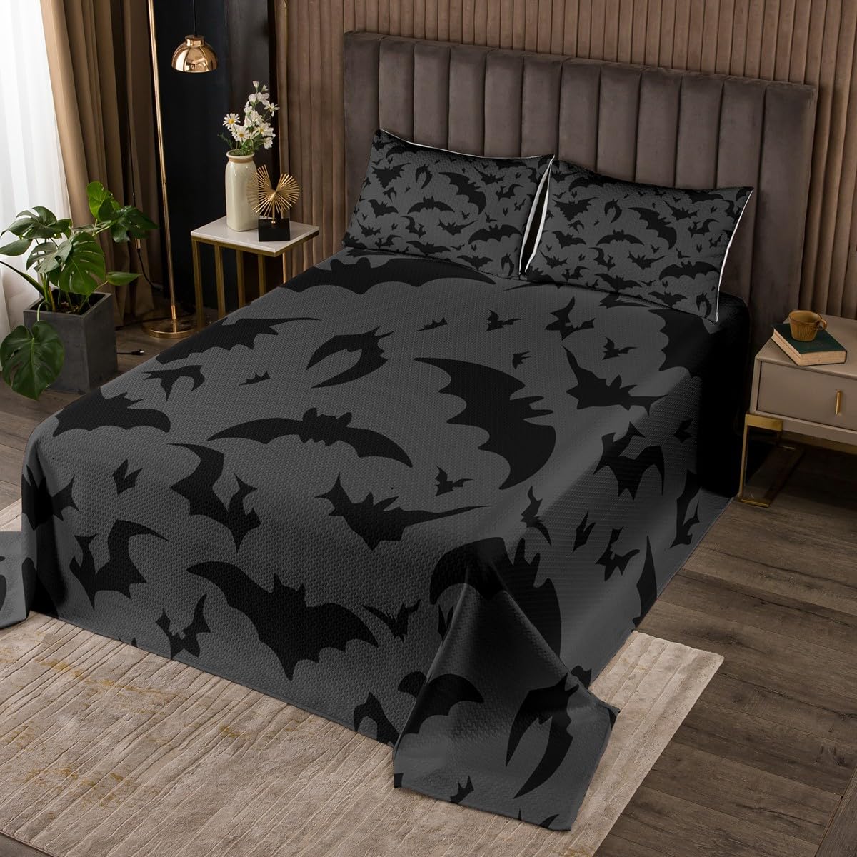 Castle Fairy Bats Bedspread Twin Size,Night Bedding Coverlet for Kids Teens Bedroom Decor,Black and Gray Bedding Set 2Pcs,1 Pillowcase